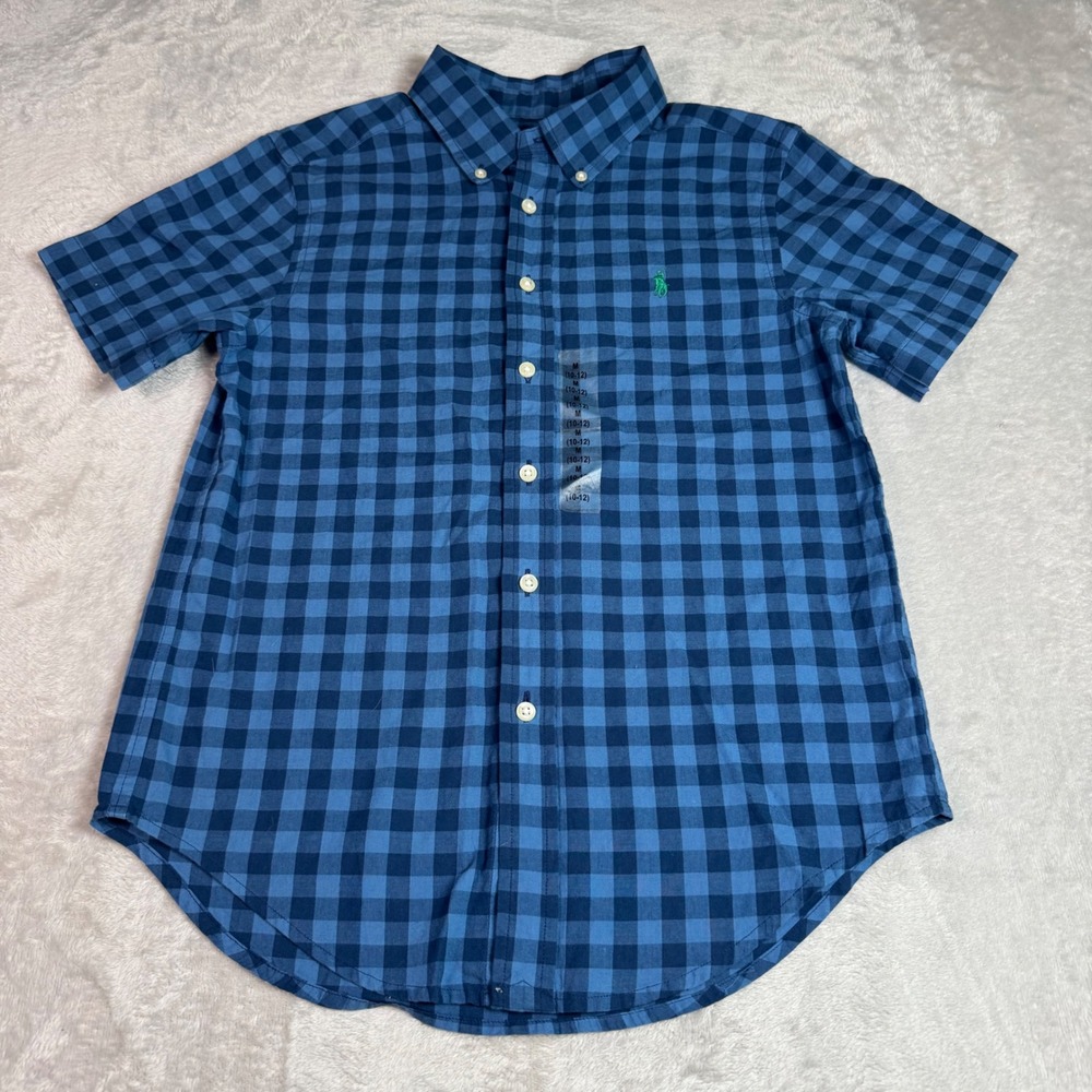NWT Ralph Lauren Kids Boys M 10-12 Blue Gingham Short Sleeve Button Down Shirt